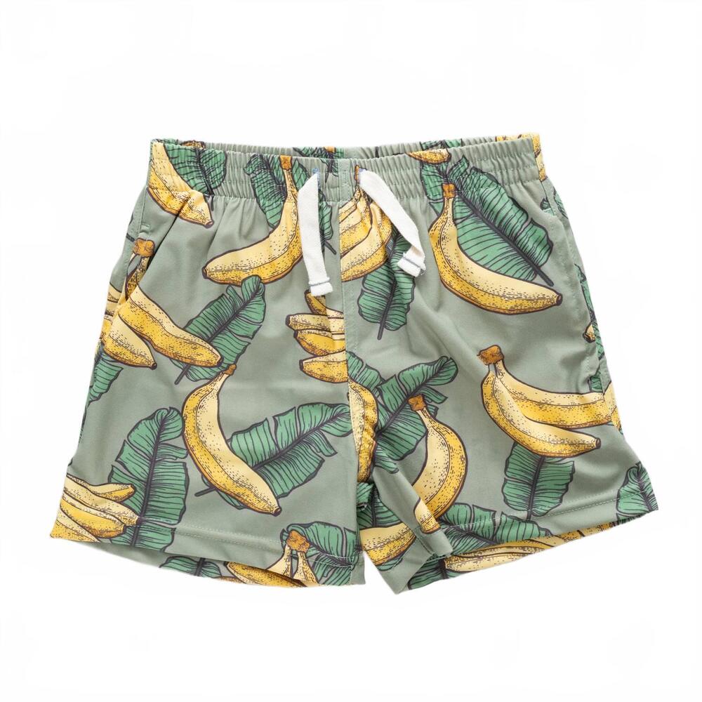 NEW PINK CHICKEN boys' print pull-on swim trunks in green banana leaves